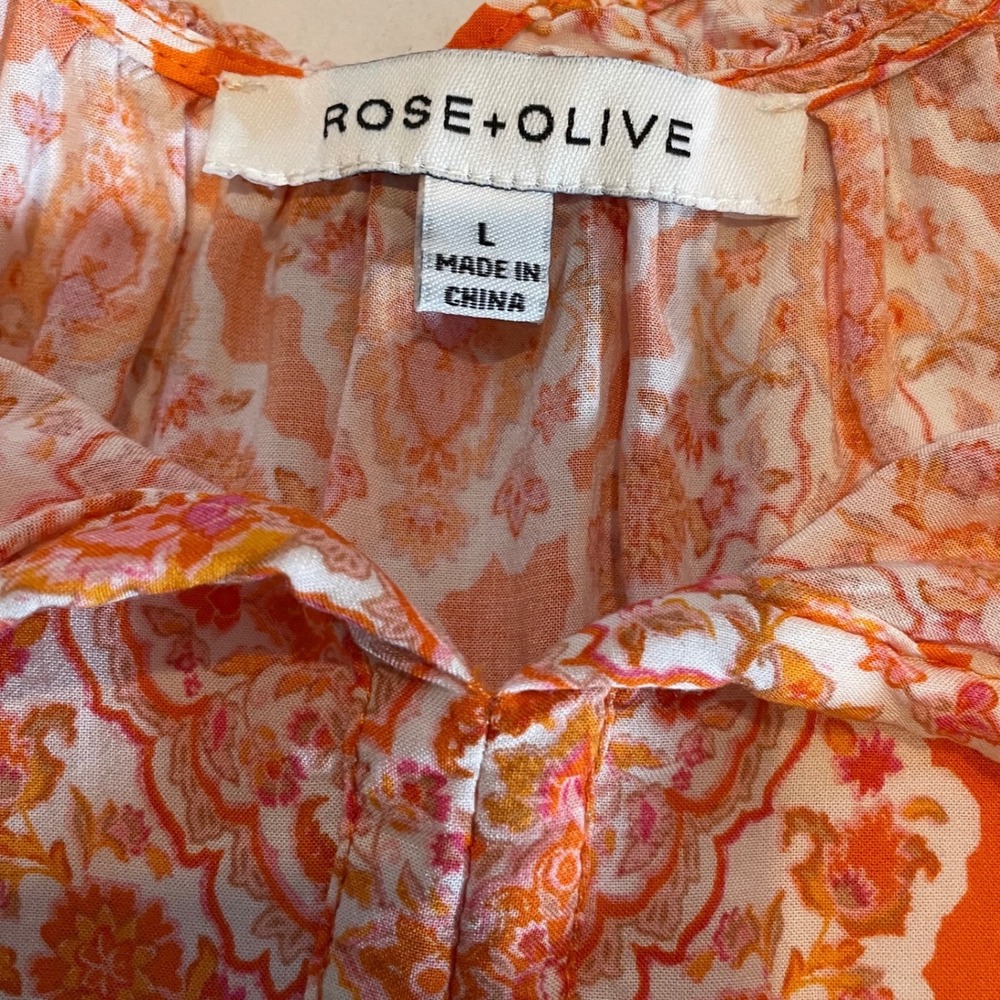 Rose + Olive Orange Paisley Print Tie Neck Ruffle Sleeve Blouse Top Womens Sz L - Picture 4 of 7